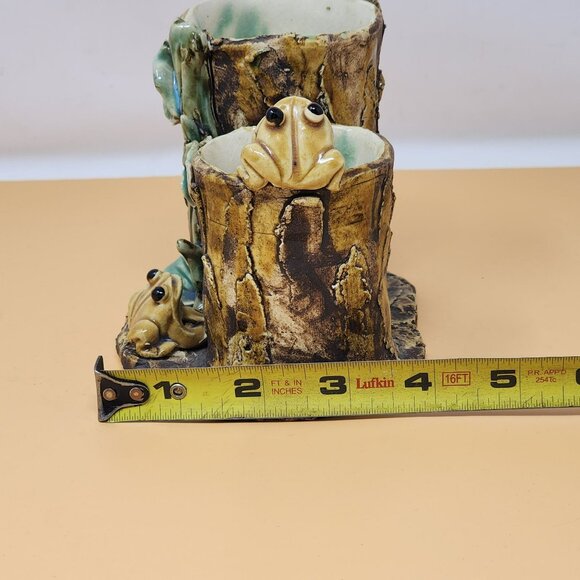 Vintage Majolica Style Ceramic Frog Tree Stump Art Pottery Planter - Picture 10 of 11